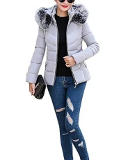 Women's Solid Color Plus Size Short Down Puffa Jacket Slim Fit Winter Padded Coat with Hood Grey 2XL Women's Solid Color Plus Size Short Down Puffa Jacket Slim Fit Winter Padded Coat with Hood Grey 2XL