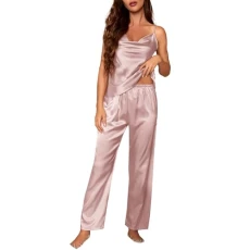 Women's Solid Color Sleepwear for Casual Comfortable Home Wear That Can Be Worn as Outerwear Set with Seamless Bra (Pants Set) Flannel Pajamas Ladies Satin Pyjamas, pink, XL
