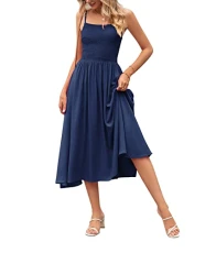 Women's Solid Color Square Collar Pleated Suspender Shoulder Baring Midi Dress Ladies Casual Sleeveless Strap Ruched Elastic Waist Long Dress Swing Beach Sundress for Women Navy Blue Women's Solid Color Square Collar Pleated Suspender Shoulder Baring Midi Dress Ladies Casual Sleeveless Strap Ruched Elastic Waist Long Dress Swing Beach Sundress for Women Navy Blue