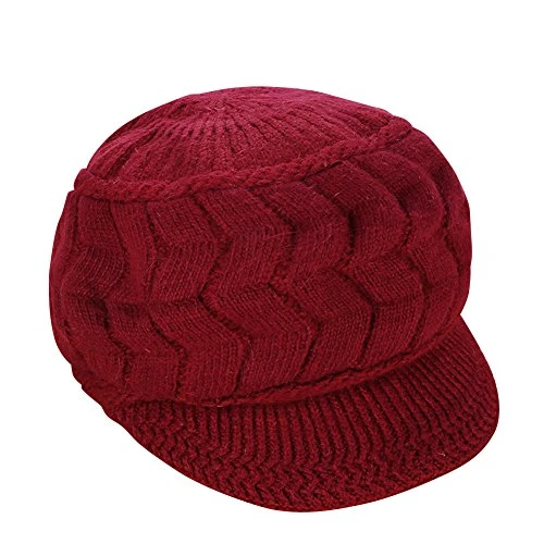 Womens Solid Color Thermal Trapper Skiing Cap Ear Flap Hat Knitted Cap Wine Red