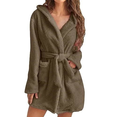 Women's Solid Colour Long Sleeve Pocket Hooded Knee Short Plush Pajamas Robe Homewear Bathrobe Bathrobes for Women Full Length (Brown, XXL)