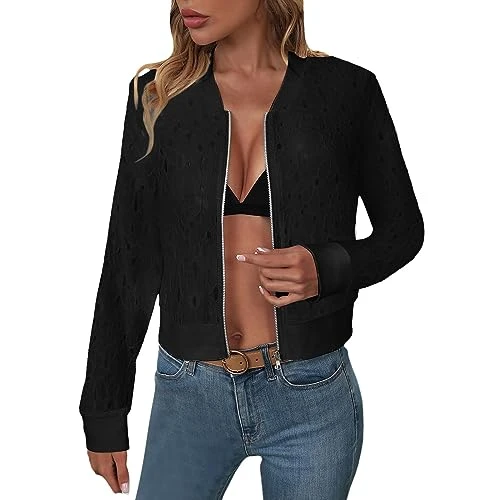 Women's Solid Lace Coat Long Sleeve Baseball Zipper Cardigan Loose Cover Up Casual Jacket Coats Blue Women's Cardigan Zip Jacket Women's Autumn Short, black, XL