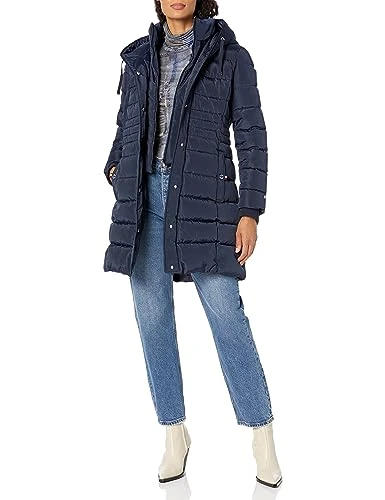 Women's Solid Puffer Hooded Long Jacket, Navy, S