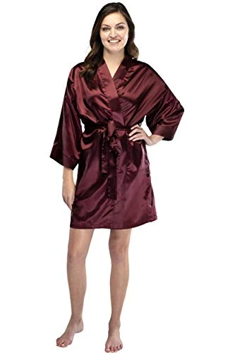 Womens Solid Satin Kimono Style Bathrobe, Maroon, L