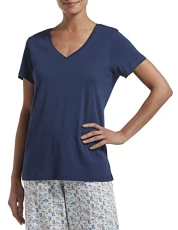 Women's Solid Short Sleeve V-Neck Sleep Tee Pajama Top, Medieval, L