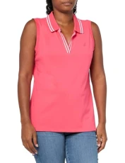 Women's Solid Sleeveless Johnny Collar Polo Shirt, Rouge, L Women's Solid Sleeveless Johnny Collar Polo Shirt, Rouge, L
