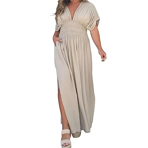 Women's Solid V Neck Bat Sleeve Elastic Waist Slim Split Dress Womens Wrap Dress plus Size Beige