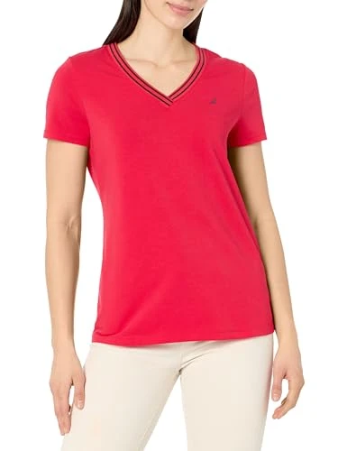 Women's Solid V-Neck Short Sleeve T-Shirt, Regatta Red, XL