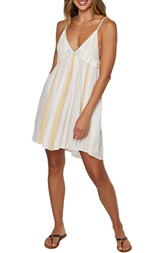 Women's Spaghetti Strap V-Neck Short Length Beach Cover Up Dress, Vanilla | Saltwater Solids Stripe Tank D, X-Large