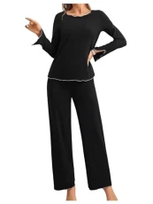Women's Split Rolled Trim Lounge Wear Set 2 Piece Long Sleeve Top & Trouser Pyjama Set Nightwear Black M Women's Split Rolled Trim Lounge Wear Set 2 Piece Long Sleeve Top & Trouser Pyjama Set Nightwear Black M