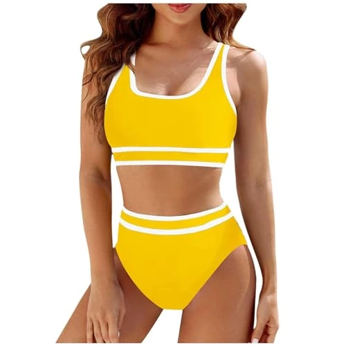 Women's Sports Bikini Set Push Up Two Piece Swimsuit High Waist Swimwear Tummy Control Bikini Sets Sporty Stripes Colour Block Swimsuits Swimsuit Beach Swimsuit, A1 yellow, S