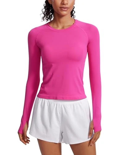 Women's Sports Long Sleeve Shirts Ribbed Running Shirt with Thumb Hole Breathable Quick Dry Fitness Tops Hibiscus Purple 12