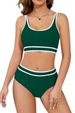 Women's Sporty Bikini Sets Two Piece High Waisted Swimsuits Tummy Control Scoop Neck Color Block Cheeky Green Women's Sporty Bikini Sets Two Piece High Waisted Swimsuits Tummy Control Scoop Neck Color Block Cheeky Green