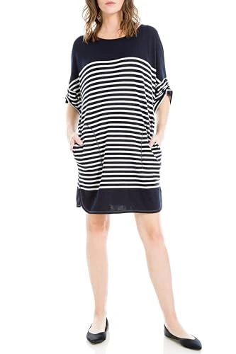Women's Spring 2023 Fashion Casual Ruched Sleeve Striped Everyday Short Dress with Pockets, Navy/Cream-jxh-2013002, XS