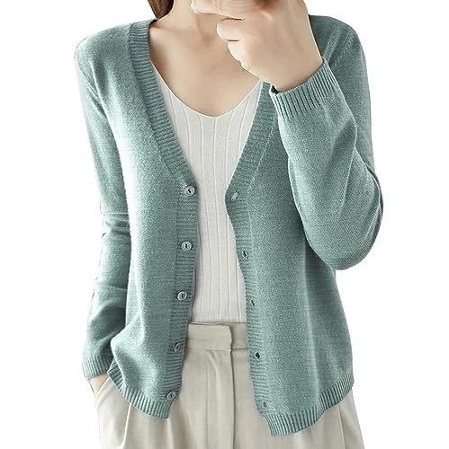 Women's Spring and Autumn Leisure Loose Solid Long Sleeve V Neck Button Knitted Soft Cardigan Coat(M