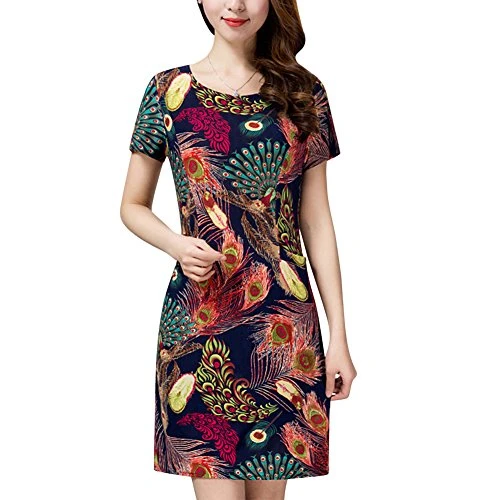 Women's Spring Elegant Floral Print Chiffon Cocktail Dress Short Sleeve Round neck Casual Loose Fit L-5XL