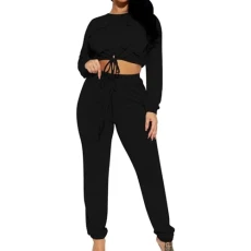 Women's Spring Long Sleeves Short Top Sports Suit Breathable Lightweight Sporty Two Piece Casual Comfort Set Women's Simple Plain Tracksuit Baggy Trousers Suit, black, XL