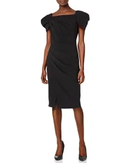 Women's Square Neck Sheath with Ruched Short Sleeves, Black, 4