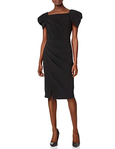 Women's Square Neck Sheath with Ruched Short Sleeves, Black, 4