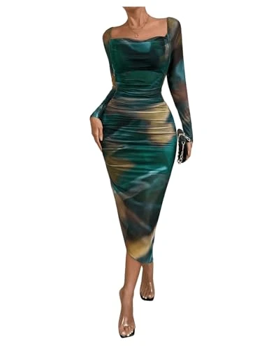 Women's Square Neck Tie Dye Midi Dress Long Sleeve Ruched Bodycon Evening Prom Dresses Green Multi M