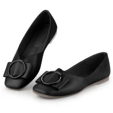 Women's Squared Toe Comfortable Slip on Square Buckle Ballet Flats, Black, 5.5 UK