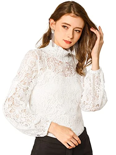 Women's St. Patrick's Day Lace Long Sleeve Tops Ruffle Neck Elegant Floral Blouses White M-12