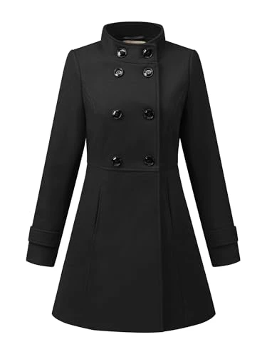 Women's Stand Collar Double Breasted Slant Pockets Outwear Winter Coat Black M