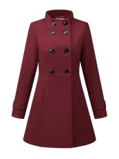 Women's Stand Collar Double Breasted Slant Pockets Outwear Winter Coat Burgundy S Women's Stand Collar Double Breasted Slant Pockets Outwear Winter Coat Burgundy S