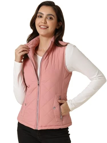 Women's Stand Collar Lightweight Gilet Quilted Zip Vest, Dusty Rose, L