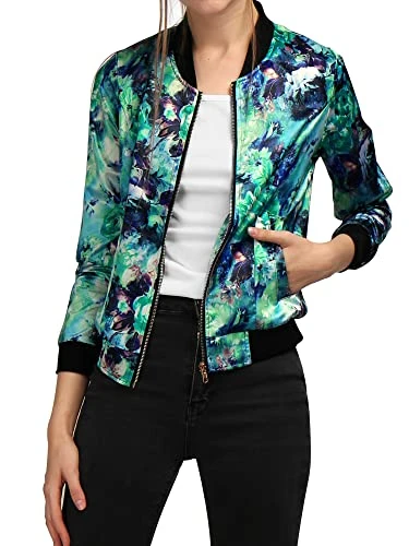 Women's Stand Collar Lightweight Zip Up Floral Bomber Jacket Green XL