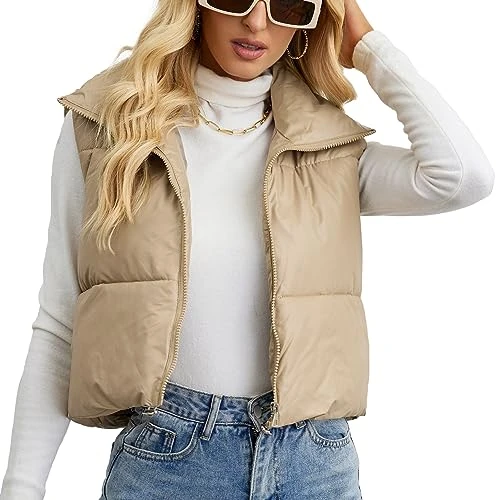 Womens Stand Collar Padded Gilet Winter Cropped Puffer Vest Lightweight Sleeveless Quilted Jacket Co