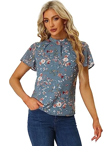 Women's Stand Collar Pleated Front Chiffon Floral Blouse Blue Gray XS