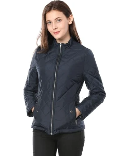 Women's Stand Collar Zip Lightweight Quilted Jacket Blue XS