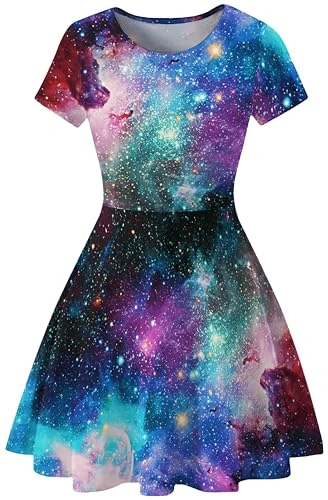 Women's Starry Sky Digital Print A-Line Short Sleeve Round Neck Dress Short Sleeve T-Shirt Dress Swi