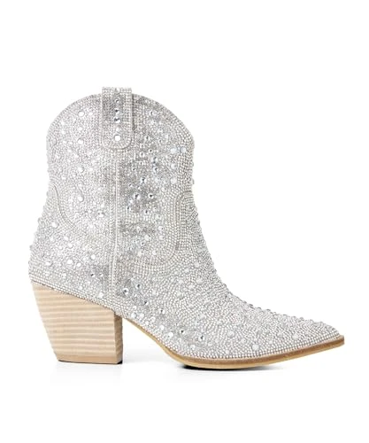 Women's Statement Silver Diamanté Sparkle Cowboy Boots Ankle, 7 UK