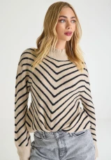 Womens Stone & Black Chevron Stripe High Neck Jumper