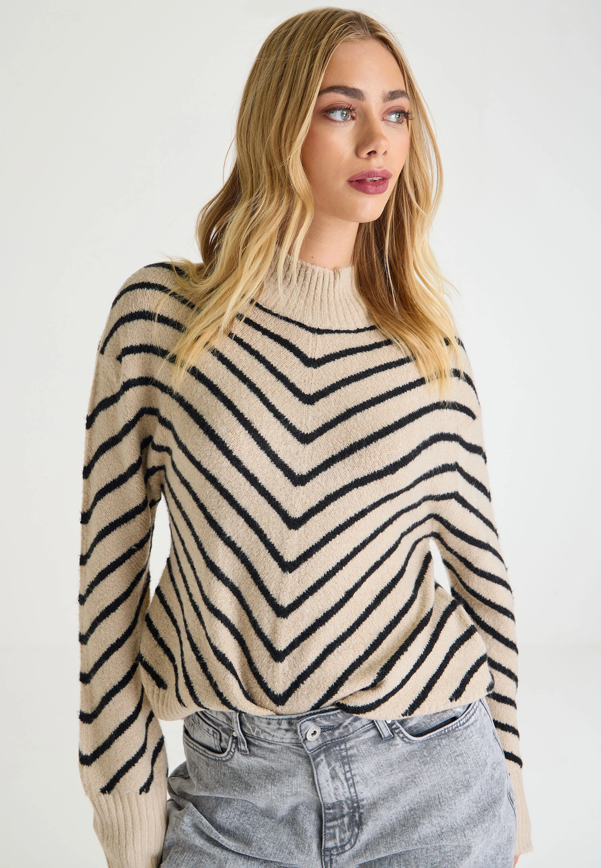 Womens Stone & Black Chevron Stripe High Neck Jumper