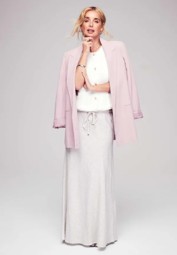 Womens Stone Stripe Linen Midi Skirt