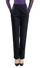 Women's Straight Jeans Floral Embroidered Elastic Waist Denim Jeans Pants (Asian XL, Black)
