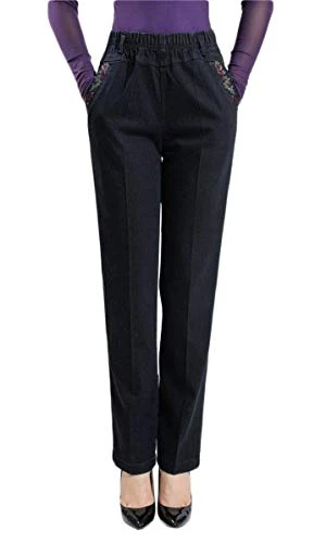 Women's Straight Jeans Floral Embroidered Elastic Waist Denim Jeans Pants (Asian XL, Black)