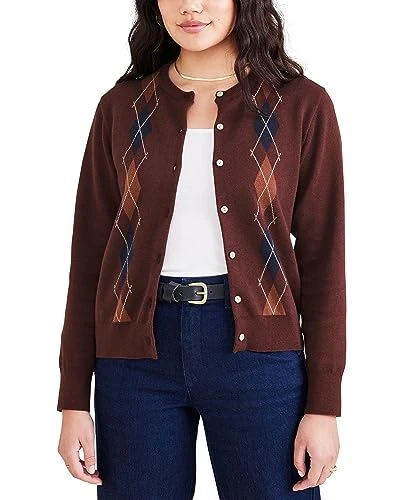 Women's Straight Regular Fit Long Sleeve Cardigan Sweater, Decadent Chocolate Brown - Argyle, L