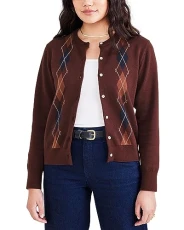 Women's Straight Regular Fit Long Sleeve Cardigan Sweater, Decadent Chocolate Brown - Argyle, L