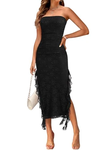 Women's Strapless Bodycon Midi Dress Lace Floral Side Slit Ruched Wedding Guest Dress, Black, S