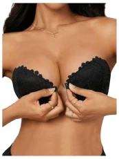 Women's Strapless Push Up Front Fastening Bra Underwire High Support Scalloped Cross Back Lace Bras Black 32B