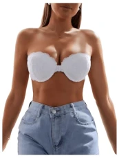 Women's Strapless Underwire Front Fastening Bras Scalloped Lace Bandeau Bras White 34D