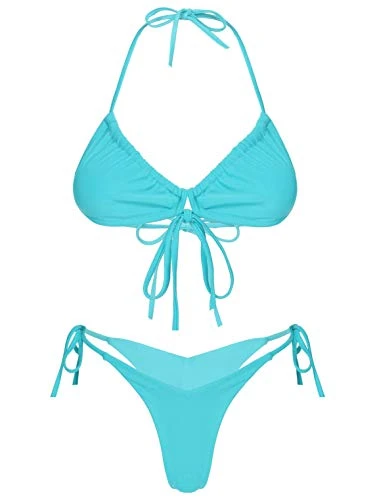 Women's Strappy Bikini Set Two Pieces Deep Plunging Bra and Panty Tankini Swimsuit Bathing Suit Sky Blue M