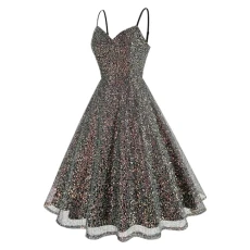 Women's Strappy Glitter Sequins Sequined Spaghetti Dress V-Neck A-line Swing Flowy Dress 1950s Vintage 50's 60's Party Dance Cocktail Gown Dress Summer Sweetheart Caimi Dress(Black,XXL)