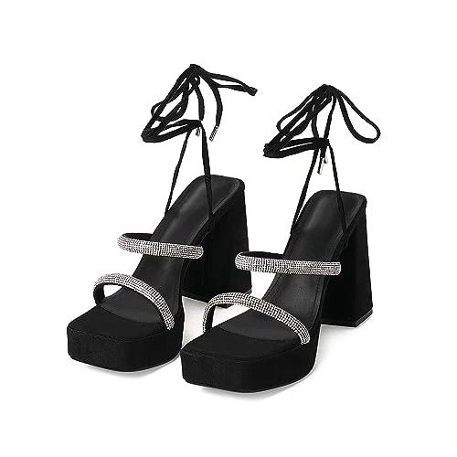 Womens Strappy Lace Up Square Open Toe Heeled Sandals Womens Ankle Strap High Heeled Dress Sandal Wo