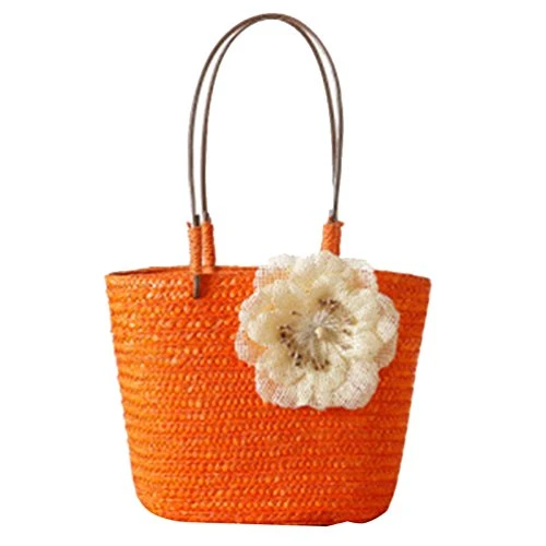 Womens Straw Bags Beach Tote with Flowers Boho Shoulder Handbags (#1 Orange)