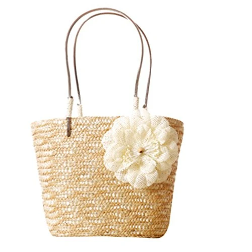 Womens Straw Bags Beach Tote with Flowers Boho Shoulder Handbags (Straw)